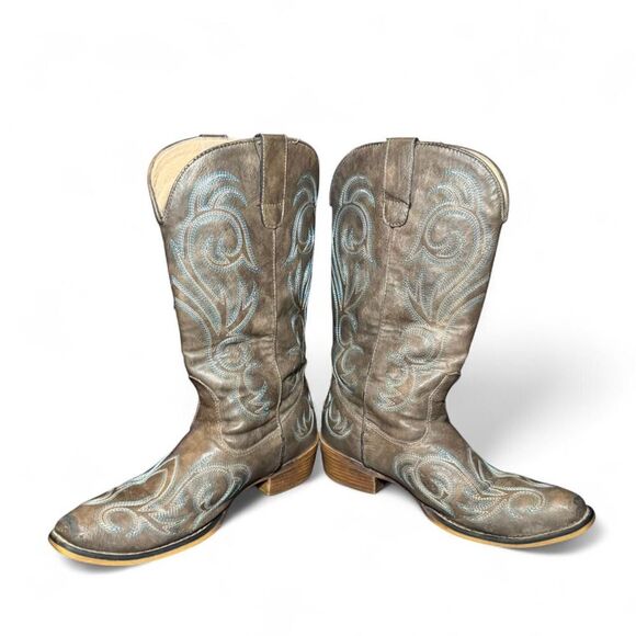 Roper Women’s Size 8.5 Western Cowboy Boots Gray Blue Stitching Square Toe All M - Picture 3 of 8